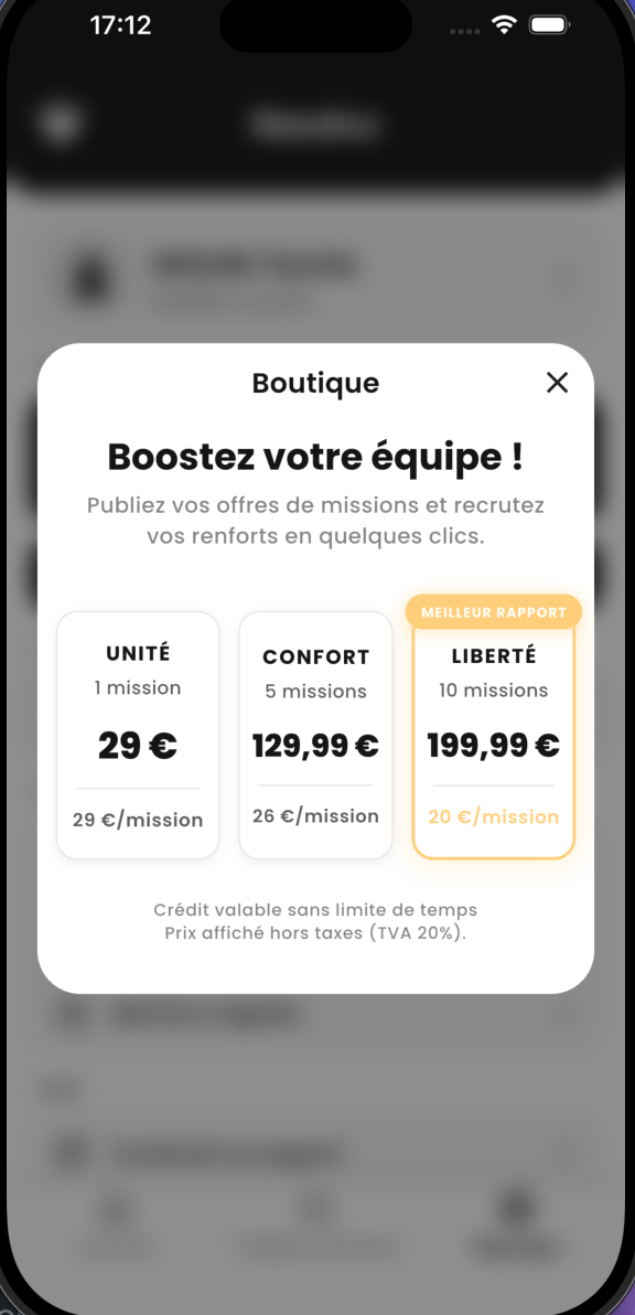 Modale Boutique actuelle avec trois packs de jetons